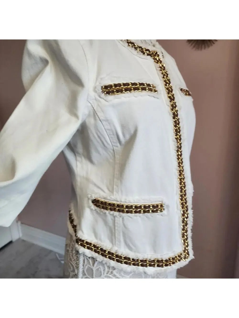 Michael Kors White Denim Jacket Gold Chain Trim Fringe Blazer 12